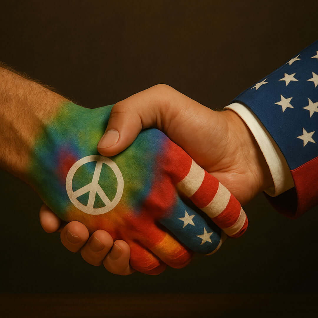 Symbolic handshake between hippie and patriotic figures representing cannabis unity