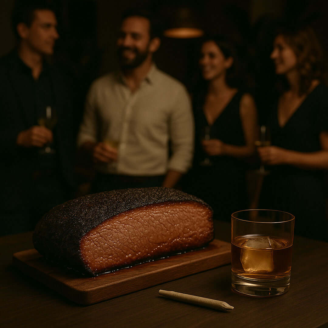 Smoked brisket, bourbon, and cannabis joint at elegant cannabis-friendly dinner party