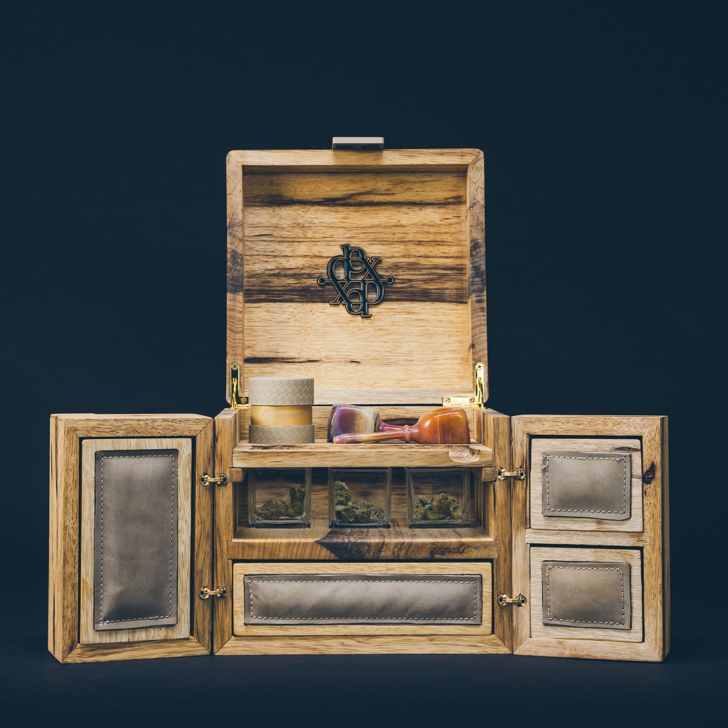 Dexter 10" Cube luxury storage box with artisan design, showcasing integrated storage for high-end cannabis accessories.