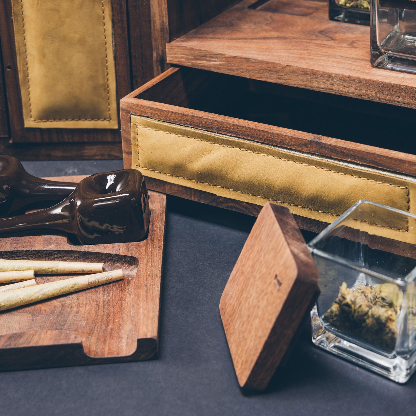 Dexter 10” Cube with leather accents, handcrafted storage for luxury cannabis accessories and artisanal design.