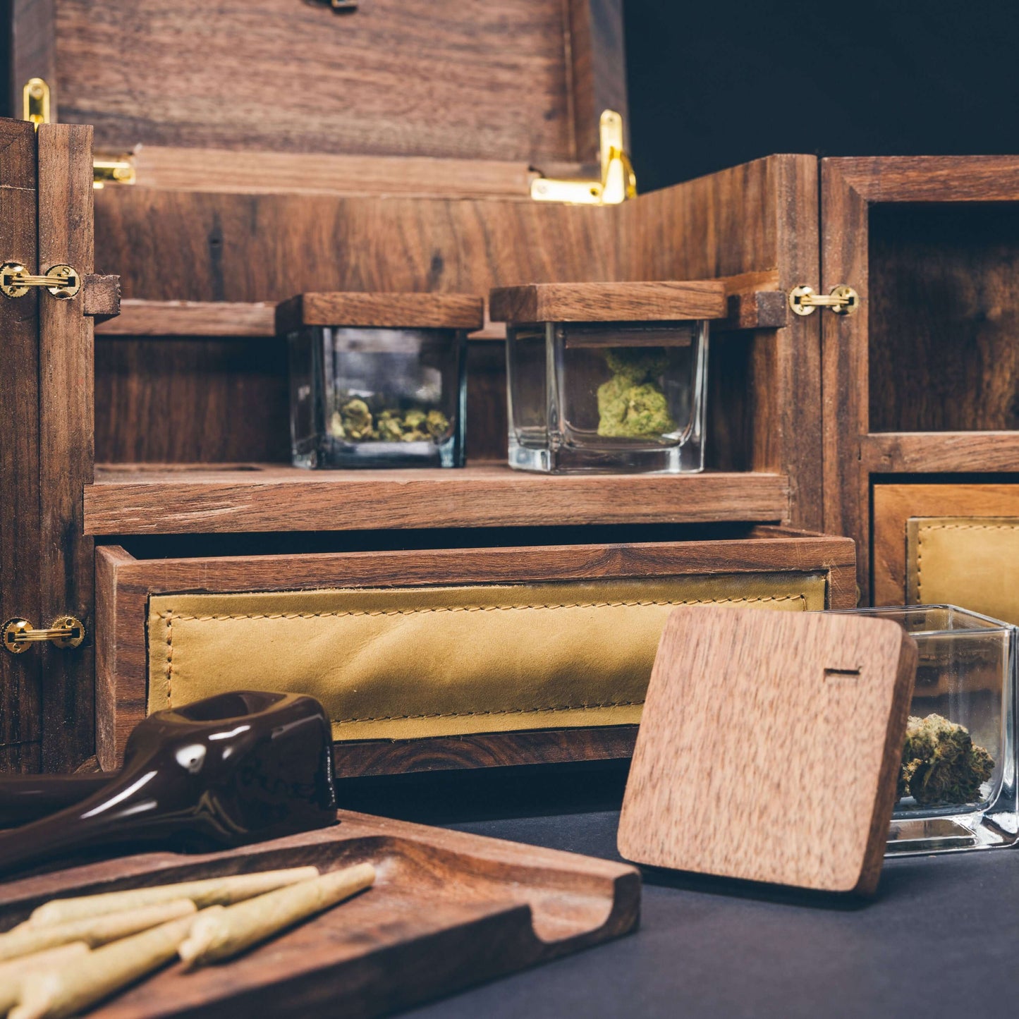 Dexter 10" Cube in dark walnut, featuring elegant storage for cannabis and premium accessories.