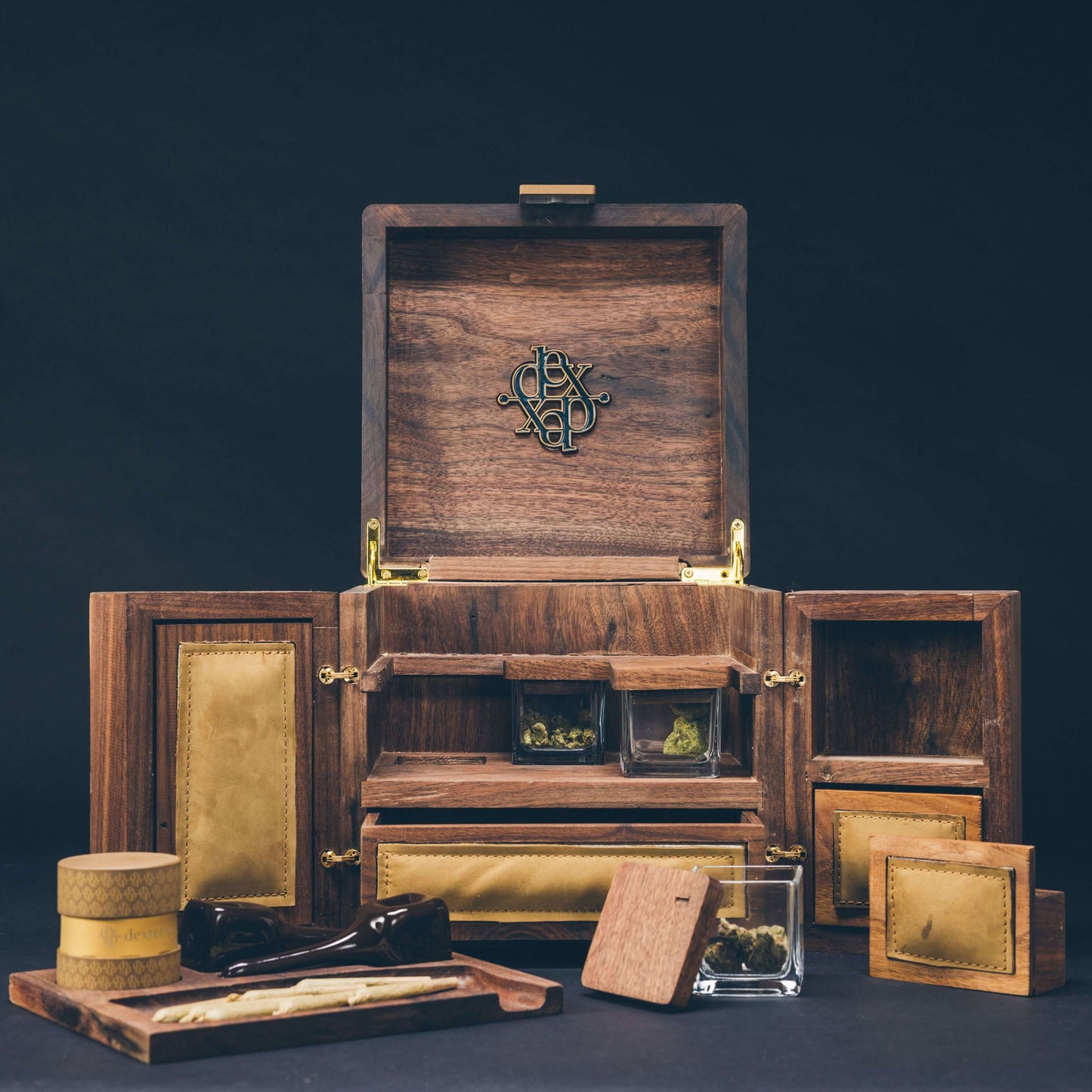 Dexter 10" Cube in dark walnut, showcasing luxurious storage with handcrafted compartments for premium cannabis accessories.
