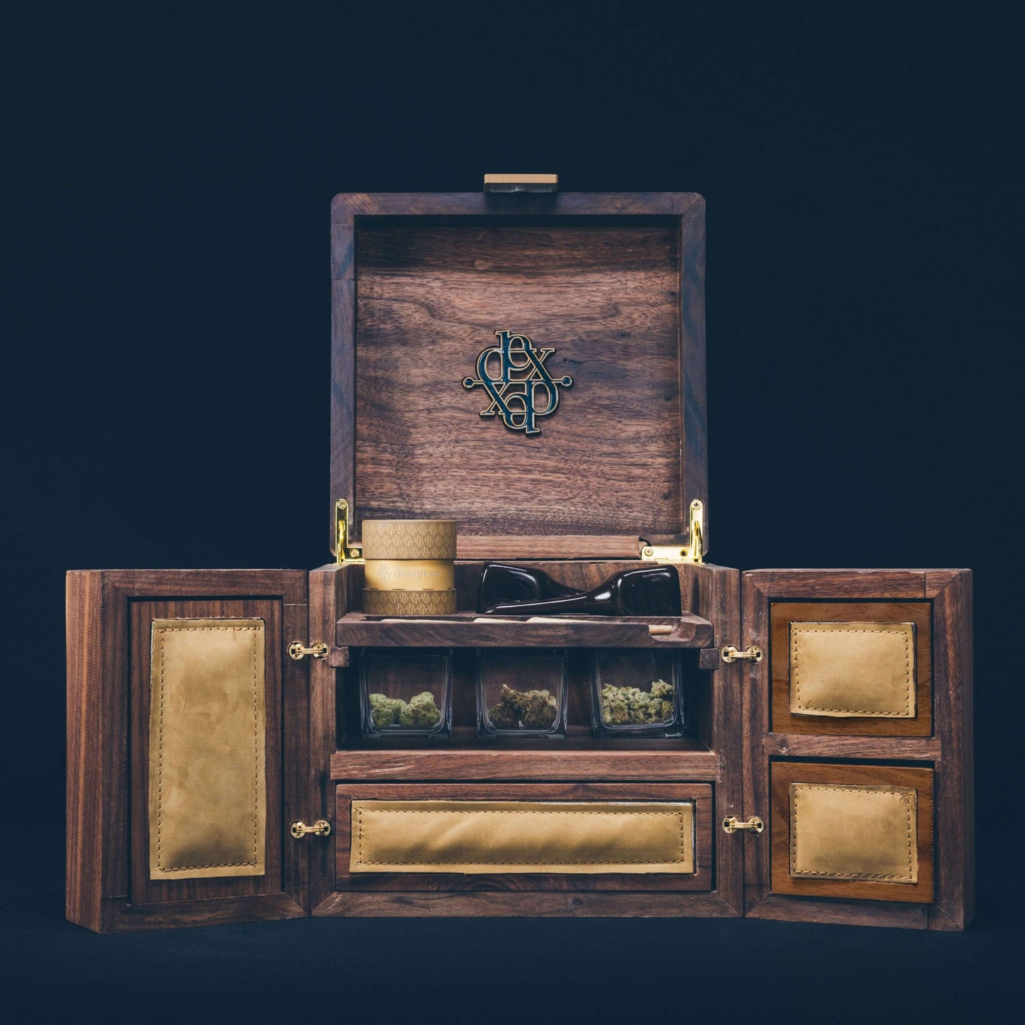 Dexter 10” Cube in dark walnut with leather accents, showcasing innovative luxury storage for cannabis accessories.
