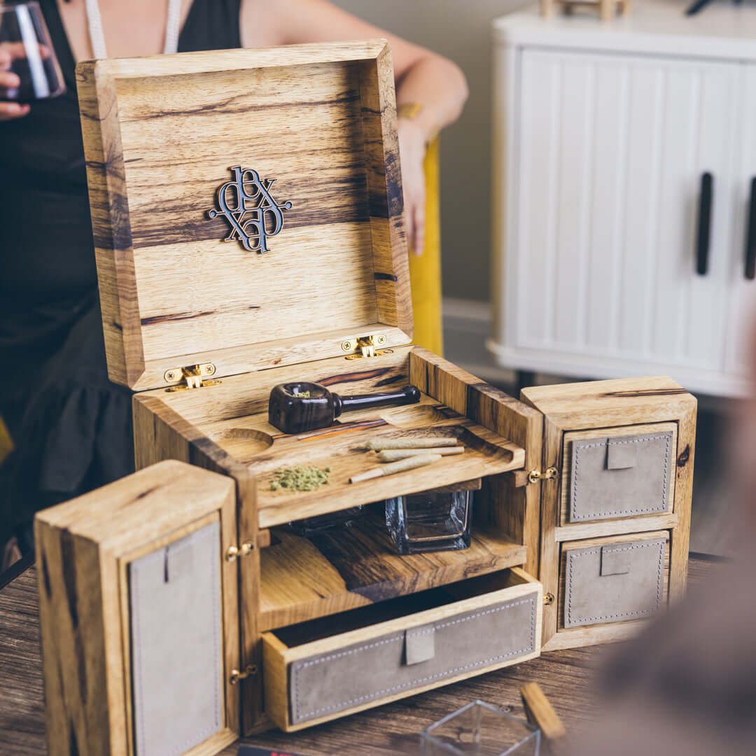 Dexter 12" Cube open showcasing luxury cannabis storage with handcrafted design and premium accessories.