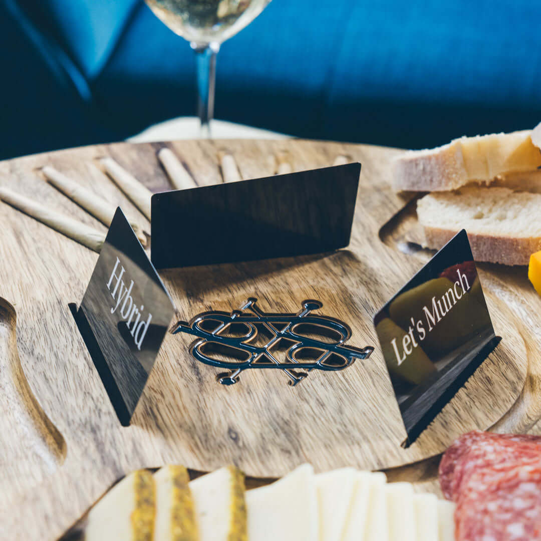Hybrid cannabis tray setup with charcuterie on Dexter Co serving board
