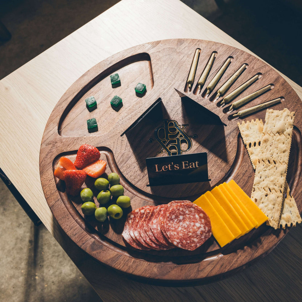Lazy Dexter luxury serving tray with charcuterie, fruit, and snacks for elegant entertaining.