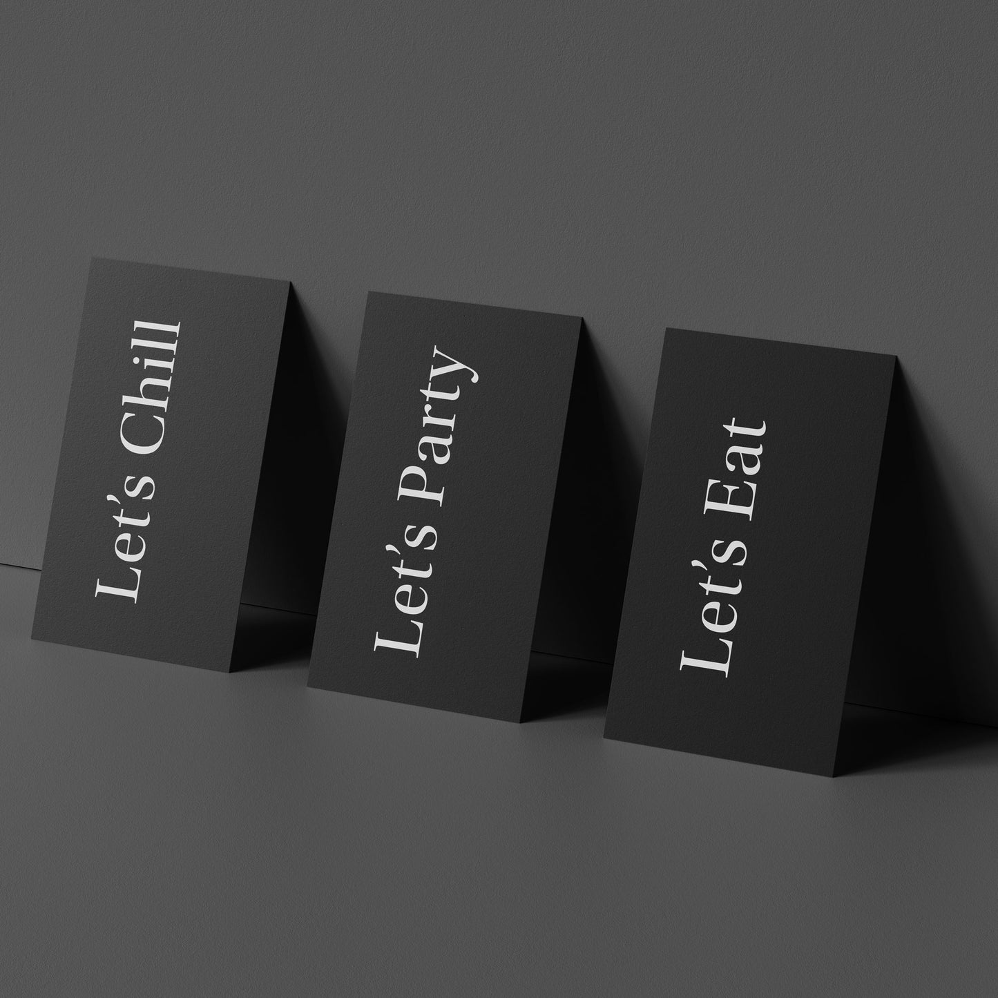 
                  
                    Black table signs with 'Let's Chill', 'Let's Party', and 'Let's Eat' for stylish entertaining.
                  
                